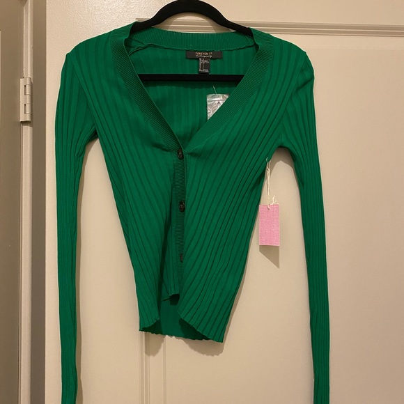 Forever 21 Green Ribbed V-Neck Cardigan Sz Small - Picture 2 of 3